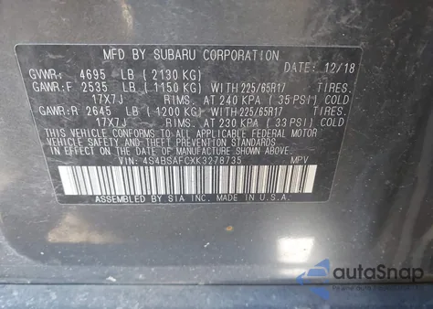 2019 Subaru Outback 2.5I Premium from USA, damaged, VIN 4S4BSAFCXK3278735